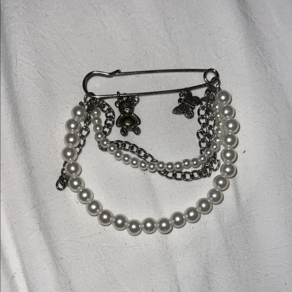 Pearl & Silver Chain Safety Pin Brooch